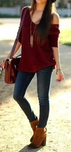 Maroon One Shoulder Relaxed Fit Sweater with Boho Style Long Necklace