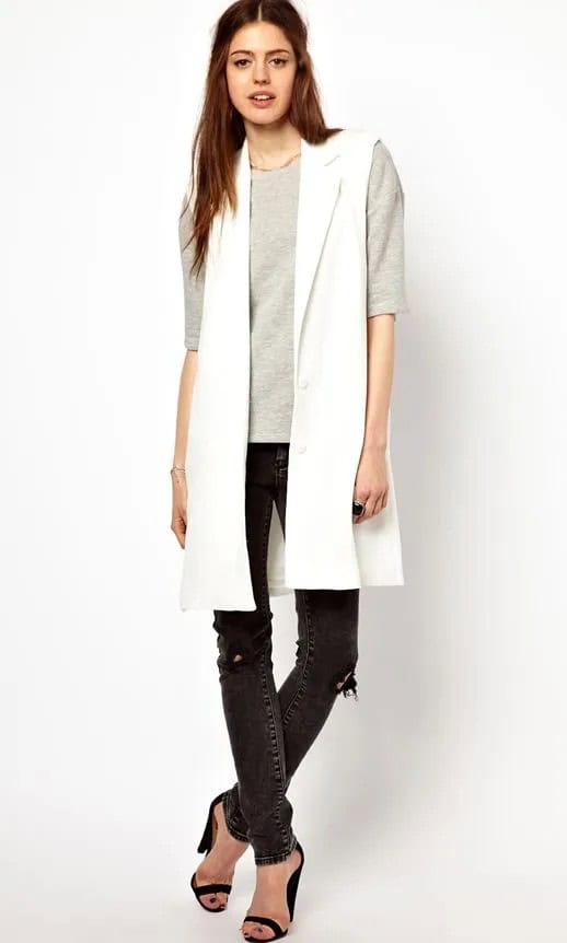 White Long Sleeveless Cardigan with Grey Top