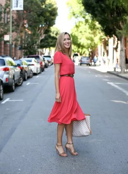 Orange Belted Flared Midi Dress