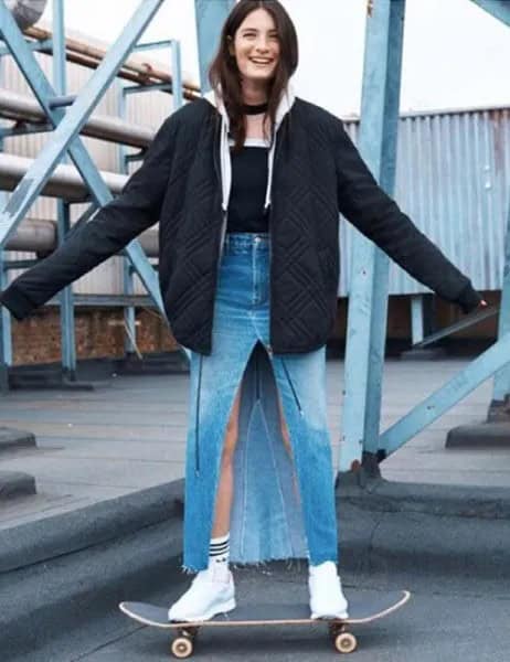 Black Oversized Bomber Jacket with High Waisted Denim Maxi Slit Skirt