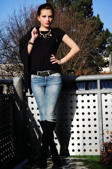 Black T Shirt with Studded Belt & Knee High Boots