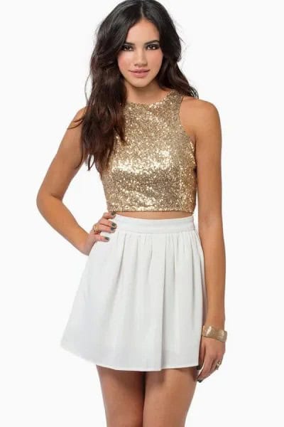 Rose Gold Sequin Cropped Vest Top with White Mini Skater Skirt