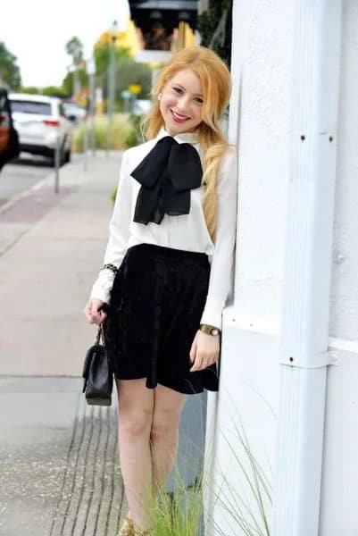 White Chiffon Bow Tie Blouse with Mini Skater Black Skirt