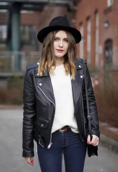 Black Felt Hat with Leather Moto Jacket & White Chunky Sweater