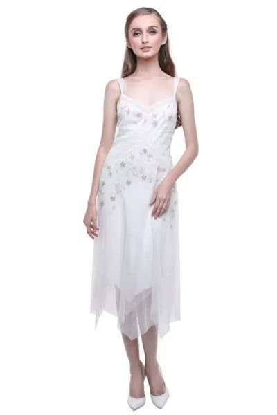 White Low Cut Floral Embroidered Midi Chiffon Flapper Dress