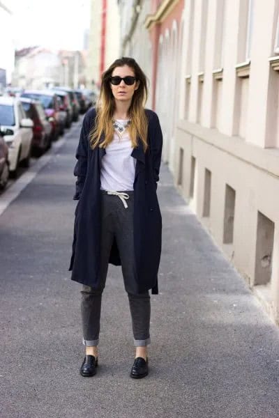 Navy Duster Sweater with Grey Cuffed Jeans