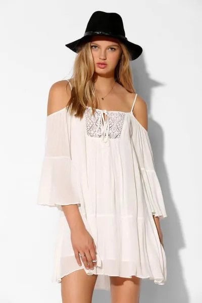 White Cold Shoulder Boho Dress with Felt Hat