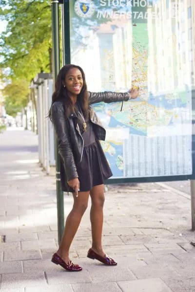 Dark Grey Leather Jacket with Skater Skirt & Burgundy Loafers