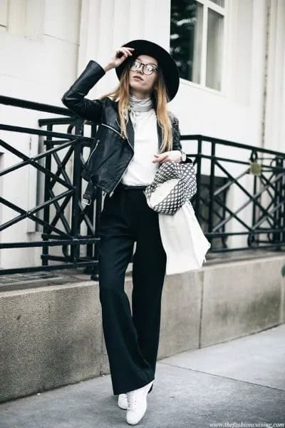 Black Flared Pants with White Cowl Neck Top & Leather Jacket