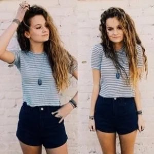 Grey and White Striped T Shirt with Navy Blue Mini Shorts