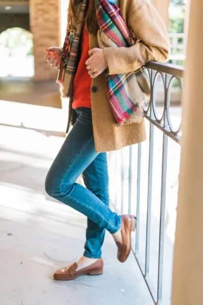 Camel Fleece Coat with Blue Slim Fit Jeans & Tan Loafers