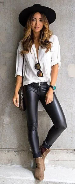 White Boyfriend Shirt with Black Hat & Leather Leggings