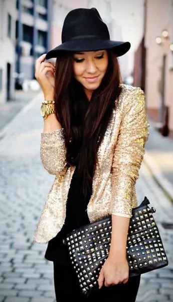 Gold Sequin Blazer Jacket with Black Skinny Jeans