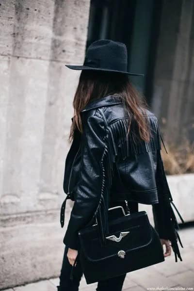 Black Hat with Leather Jacket & Skinny Jeans