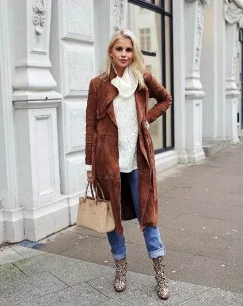 White Turtleneck Chunky Sweater with Brown Longline Suede Coat