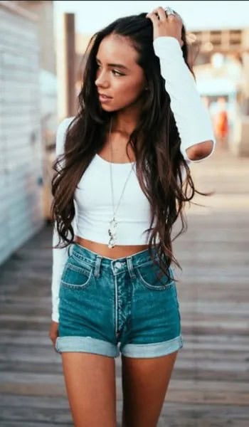 White Cropped Long Sleeve Cropped Tee with Grey Cuffed Jean Shorts