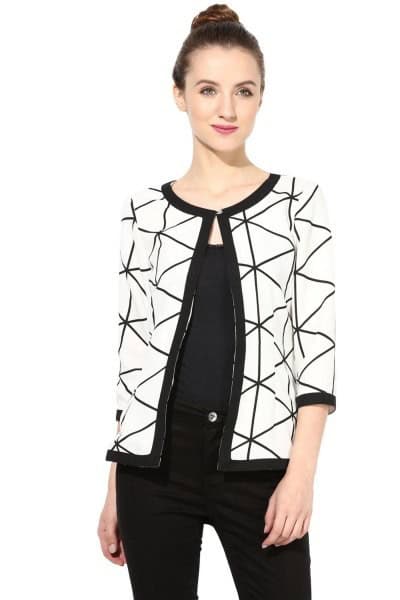 White and Black Printed Shrug with Vest Top & Jeans