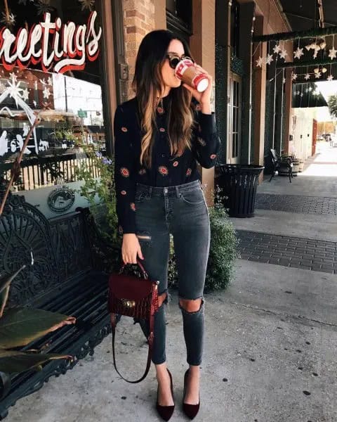 Black Printed Blouse with Grey High Waisted Ripped Jeans