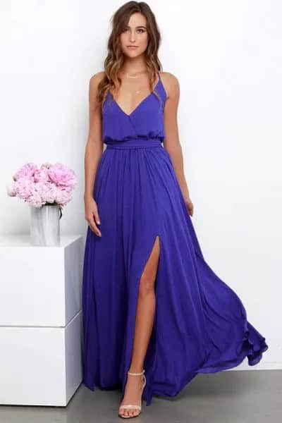 Long Purple Deep V Neck Gathered Waist High Split Flowy Dress