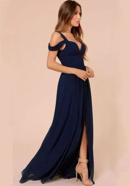 Navy Cold Shoulder High Split Floor Length Dress