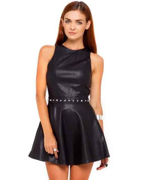 Black Sleeveless Mini Skater Leather Dress