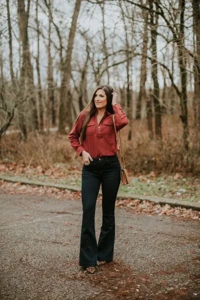 Red Shirt with Black Flared Pants