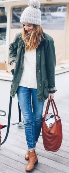 Olive Green Jacket with White Cable Knit Sweater & Ankle Leather Boots