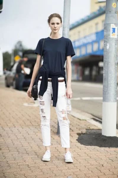 Black T Shirt with White Boyfriend Jeans & Tie-Around-Waist Sweater