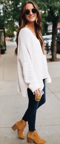 White V Neck Chunky Sweater with Dark Blue Skinny Jeans & Camel Boots