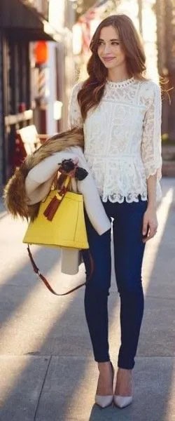 White Lace Top with Dark Blue Skinny Jeans