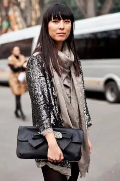 Black Sequin Blazer with Pink Blouse & Scarf