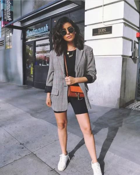 Grey Tweed Blazer with Black Cycling Shorts & White Sneakers