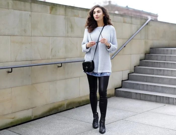 Light Grey Sweater Over Tie Dye Tunic Top & Leather Leggings