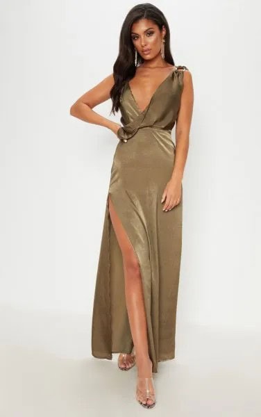 Deep V Neck High Slit Khaki Maxi Dress with Silver Open Toe Heels