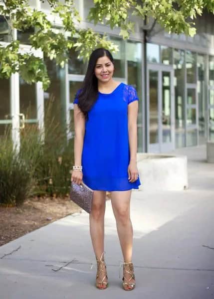 Royal Blue Cap Sleeve Lace Mini Shift Dress with Strappy Metallic Heels