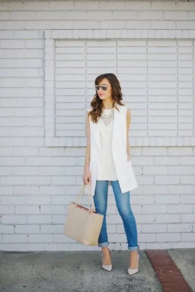 White Vest with Pale Pink Sleeveless Top