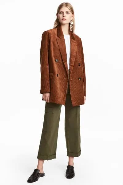 Brown Corduroy Oversized Blazer with Green Wide Leg Cropped Twill Pants