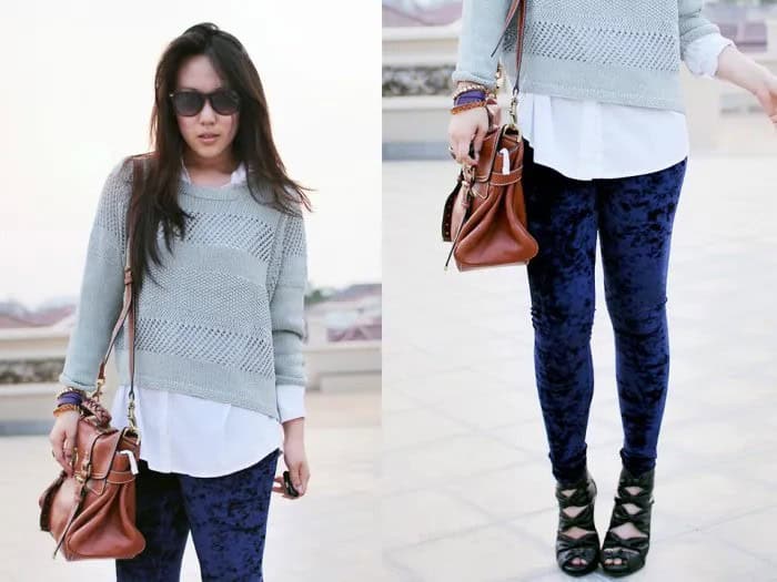 Blue Velvet Leggings with White Shirt & Grey Cropped Sweater