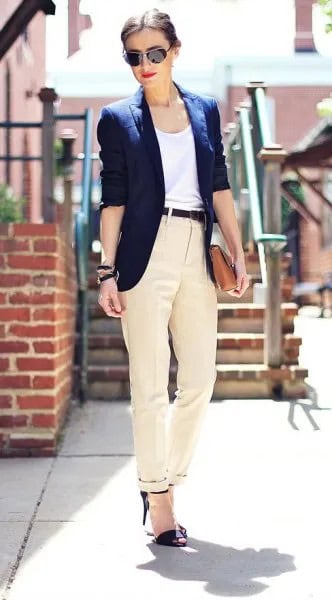 White Vest Top with Navy Blazer & Ivory Twill Pants