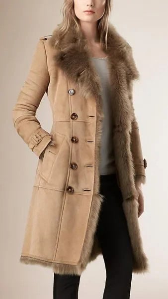 Light Camel Shearling Coat with White Top & Black Skinny Jeans