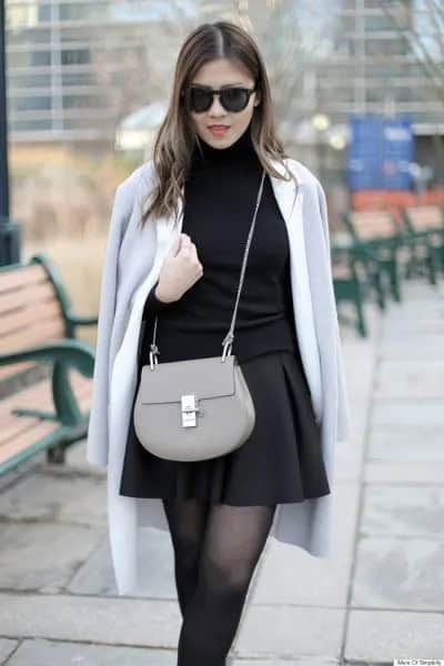 Grey Wool Coat Over Black Sweater & Skater Skirt