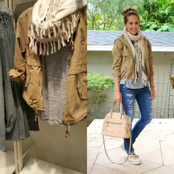 Short Light Brown Anorak Jacket with White Fringe Scarf