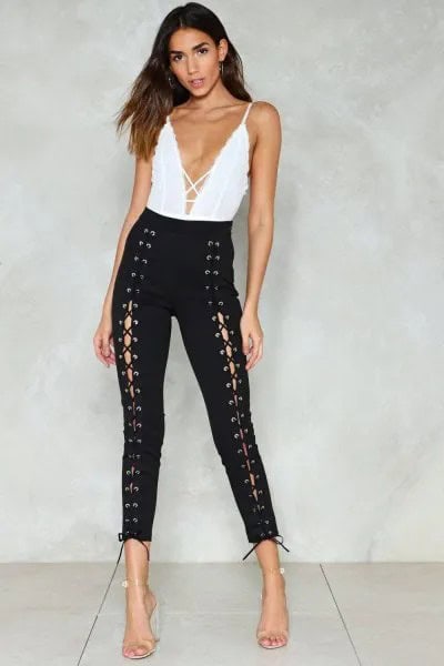 White Deep V Neck Top with Black Skinny Lace Up Pants