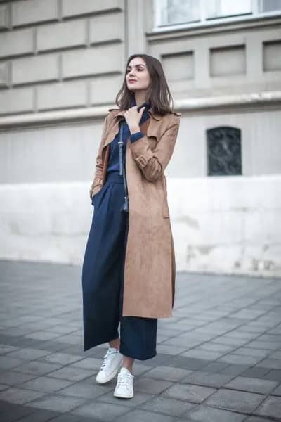 Midi Length Greyish Brown Suede Coat with Navy Blue Wide Leg Pants