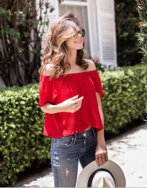 Red Off The Shoulder Blouse with White Felt Hat