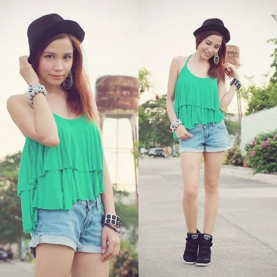 Light Green Scoop Neck Ruffle Tank Top with Denim Mini Shorts