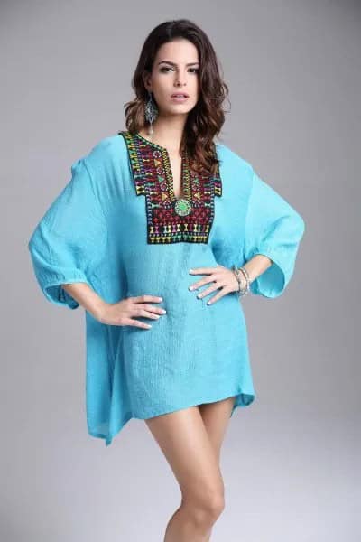 Sky Blue Oversized Mexican Peasant Blouse with White Mini Shorts