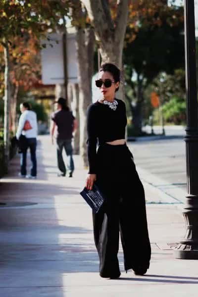 Black Cropped Sweater with Matching Wide Leg Trousers