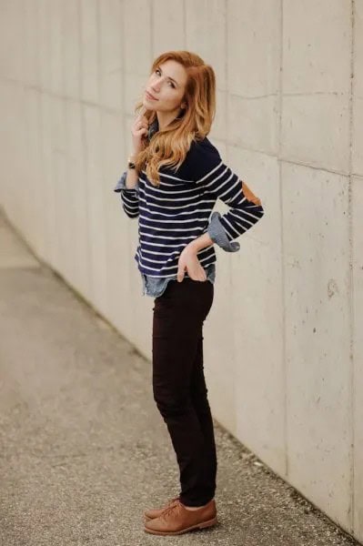 Black and White Striped Long Sleeve Tee with Brown Oxford Shoes