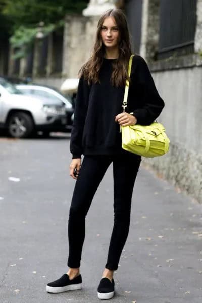 Black Crew Neck Knit Sweater with Lemon Yellow Leather Shoulder Purse